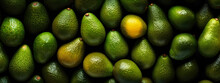 Many Fresh Avocado Fruits, Green Pears Arranged Next To Each Other, Closeup Detail From Above, Generative AI