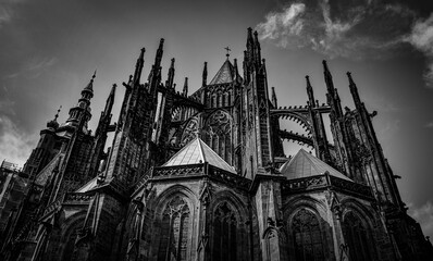 Grayscale shot of St. Vitus Cathedral in Prague, Czechia