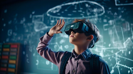 Wall Mural - smart schoolboy pupil with vr glasses studying at classroom. simulation science. student uses a virt