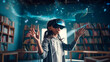 © Irina - Smart school girl pupil with VR glasses googles studying the astronomy space and neural connections of the brain in the library at school. Simulation technology and science. Female student uses a