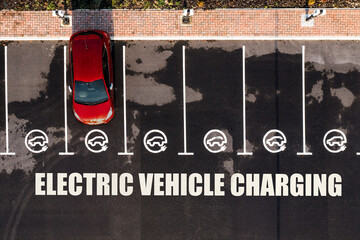 Wall Mural - Aerial view of an electric car charging station with parking spaces