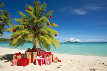 Wall Mural - A decorated christmas tree on a tropical beach. Seasonal festive winter travel vacation
