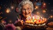 Happy grandma old woman celebrating birthday party with cake wallpaper background
