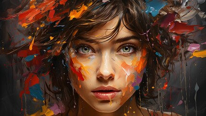 Wall Mural - AI generated illustration of a painting of a female face with bursts of color