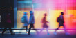 © PEPPERPOT - Crowd of anonymous people walking on busy city street in neon colour. Defocused. Blurred. Generative AI.