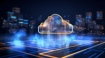 Digital informational technology web futuristic hologram with cloud icon, blue golden light digits and code background, cloud computing, abstract motion of digital data flow
