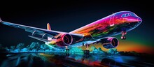 Colorful Holographic Airplane Transportation On Dark Background. AI Generated Image