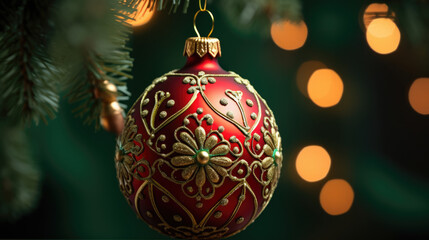 Canvas Print - Close up of a beautiful ball on decorated Christmas tree. Christmas and New years eve background.