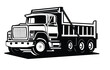A vector illustration of a dump truck on a black and white background, featuring the silhouette of a dump truck, and an isolated white truck.