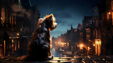 A Dog Is Sitting On A Sidewalk In The Dark, Generated With Ai.