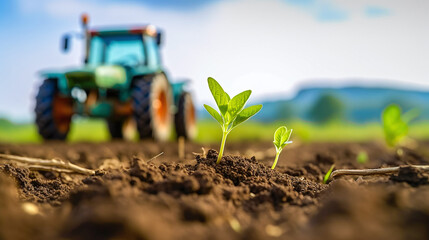 Wall Mural - plant in the soil with a tractor in the background 