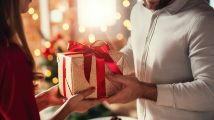 Wall Mural - Two people exchanging a festive gift box against the backdrop of a warmly lit Christmas tree.