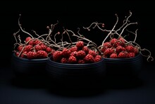 Bowls Of Wild Raspberries On A Black Background