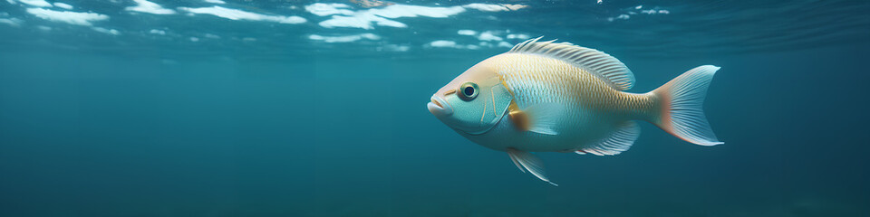 Wall Mural - solitary swim: a dynamic panorama of a lone fish beneath the waters surface