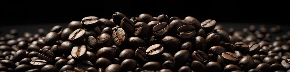 Wall Mural - coffee beans scattered on black background, Generative AI.