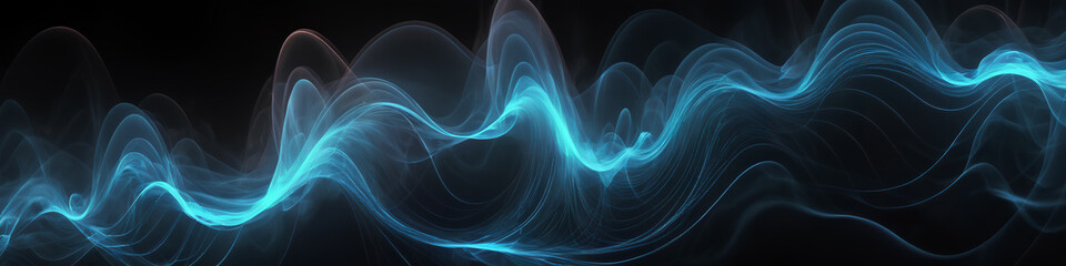 Wall Mural - Blue soundwave on a black background. A visually striking representation of sound in the form of a vibrant blue wave against a dark backdrop, Generative AI.