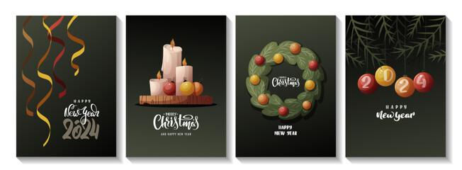Canvas Print - Card set for Merry Christmas and New Year. Christmas wreath, balls, candles. Vector illustration for poster, banner, card, postcard, cover.
