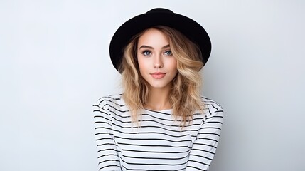 Wall Mural - Beautiful woman wearing striped clothing and a black hat, ai generative