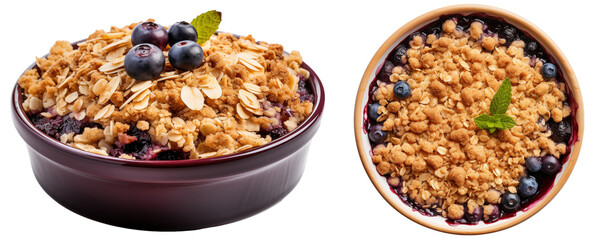 Wall Mural - Blueberry crumble with a golden oat topping isolated on white background (top, side view), food bundle