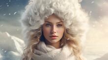Portrait Of Blue-eyed Blonde Girl In Fluffy Woolen Fur White Hat In Mountains On Cold Freezing Snowy Winter Day. Warm Stylish Headdress
