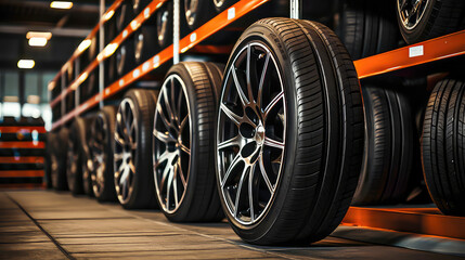 Wall Mural - Car tires in the shop. Auto service industry. Selective focus.  3d rendering of car tires in a car repair service station. Rows of car tires in warehouse.  