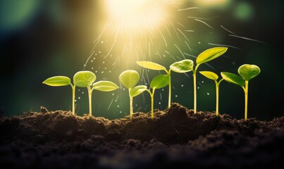 Concept of business growth,profit, development and success. Young plants increase on sunny background.Growing money,finance and investment, Generative AI