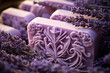 Beautiful natural lavender soap bar on dark background. Handmade organic soap