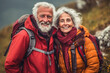 © artefacti - Adventurous Elderly Couple Embarks on a Joyful Trekking Expedition in the Majestic Mountains, AI generated