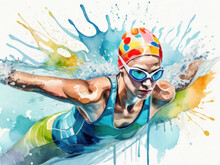 Young Woman With Beautiful Multi-colored Paint On Her Head In Smoke. Colorful Image Of A Charming Fantastic Woman, An Athlete In Swimming And Diving. Olympic Champion. Girl Underwater