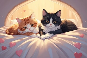 Wall Mural - At home there are two adorable cats sleeping peacefully on a cozy blanket on the sofa. loving kittens