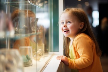 Little girl looking at a shop window with a happy or amazed face