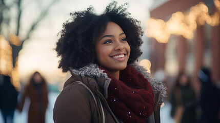 Wall Mural - Portrait of a beautiful smiling young black female student on college campus in the winter, ready for christmas break, commercial ad photo