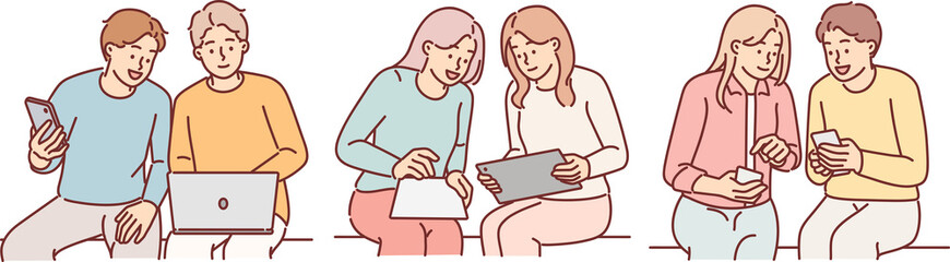 Group of people do teamwork and use laptop and phone or digital tablet to complete office tasks