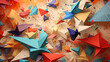 a colorful abstract background with many different shapes and sizes of paper origami pieces on a beige background