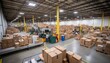 Dynamic and efficient workflow of cardboard box packages in a bustling warehouse fulfillment center
