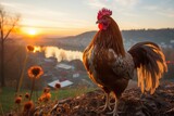 Fototapeta Zwierzęta - Rooster meets the summer dawn on the mountain