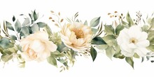 Watercolor Seamless Border - Illustration With Green Gold Leaves, White Flowers, Rose, Peony And Branches, For Wedding Stationary, Greetings, Wallpapers, Fashion, Backgrounds, Wrappers, Generative AI