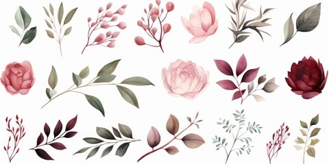 Wall Mural - Watercolour floral illustration individual elements set - green leaves, bur peach blush white flowers, branches. Wedding invitations fashion prints. Eucalyptus, olive, peony, Generative AI