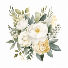 Wall Mural - Watercolor floral illustration bouquet - white flowers, rose, peony, green and gold leaf branches collection. Wedding stationary, greetings, wallpapers, fashion, background. Eucalyptus, Generative AI