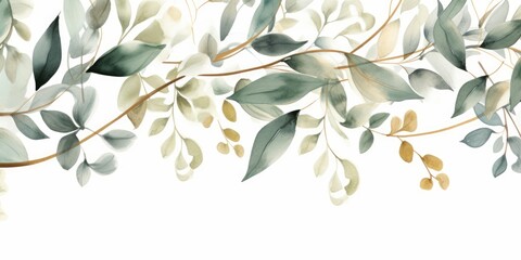 Wall Mural - Watercolor seamless border - illustration with green gold leaves and branches, for wedding stationary, greetings, wallpapers, fashion, backgrounds, textures, DIY, wrappers, Generative AI