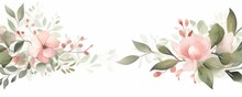 Watercolor Floral Border Banner Frame With Green Leaves, Pink Peach Blush White Flowers, Branches. For Wedding Invitations, Greetings, Wallpapers, Fashion, Prints. Eucalyptus, Olive,rose,Generative AI