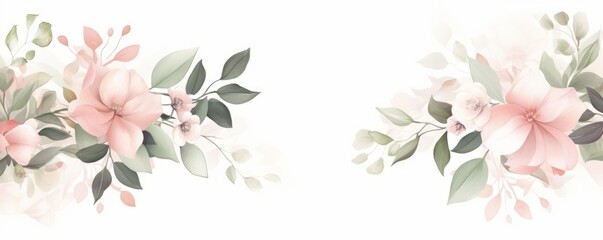 Wall Mural - Watercolor floral border banner frame with green leaves, pink peach blush white flowers, branches. For wedding invitations, greetings, wallpapers, fashion, prints. Eucalyptus, olive,rose,Generative AI