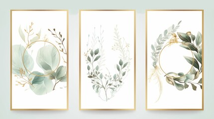 Wall Mural - Pre made templates collection, frame - cards with gold and green leaf branches. Wedding ornament concept. Floral poster, invite. Decorative greeting card, invitation design, birthday, Generative AI