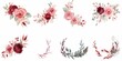 © Visual Vortex - Watercolor floral wreath border bouquet frame collection set green leaves burgundy maroon scarlet pink peach blush white flowers leaf branches. Wedding invitations stationery fashion, Generative AI