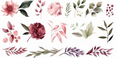 Wall Mural - Watercolor floral illustration individual elements set - green leaves, burgundy pink peach blush white flowers, branches. Wedding invitations wallpapers. Eucalyptus, olive, peony, rose, Generative AI