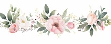 Watercolor Floral Bouquet Set With Green Leaves, Pink Peach Blush White Flowers, Leaf Branches, For Wedding Invitations, Greetings, Wallpapers, Fashion, Prints. Eucalyptus, Olive, Rose, Generative AI