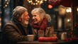 an elderly couple dating, sharing a joyful moment at a cafe, their faces dusted with snowflakes, reflecting a lifetime of warmth and companionship against a backdrop of festive lights.