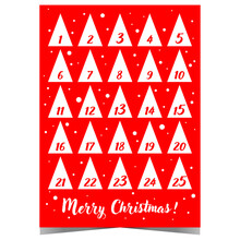 Advent Calendar To Countdown The Days Until Christmas Eve. White Triangles With Dates That Resemble Christmas Trees On Red Background. Festive Banner To Celebrate Surprise During Winter Holidays.