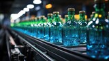 Fototapeta  - Alcohol-filled bottles progressing on a conveyor belt in a beverage production line