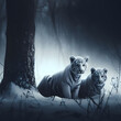 Two white tigers in a foggy forest, winter landscape, beautiful wildlife wallpaper, generative ai
